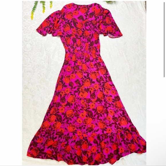 Abel the Label Floral Flutter Sleeve Fucshia Pink Red High Low Maxi Dress Medium - Picture 3 of 15